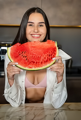 Cristin Tantalizes On Marble Counter With Watermelon And Pink Lingerie